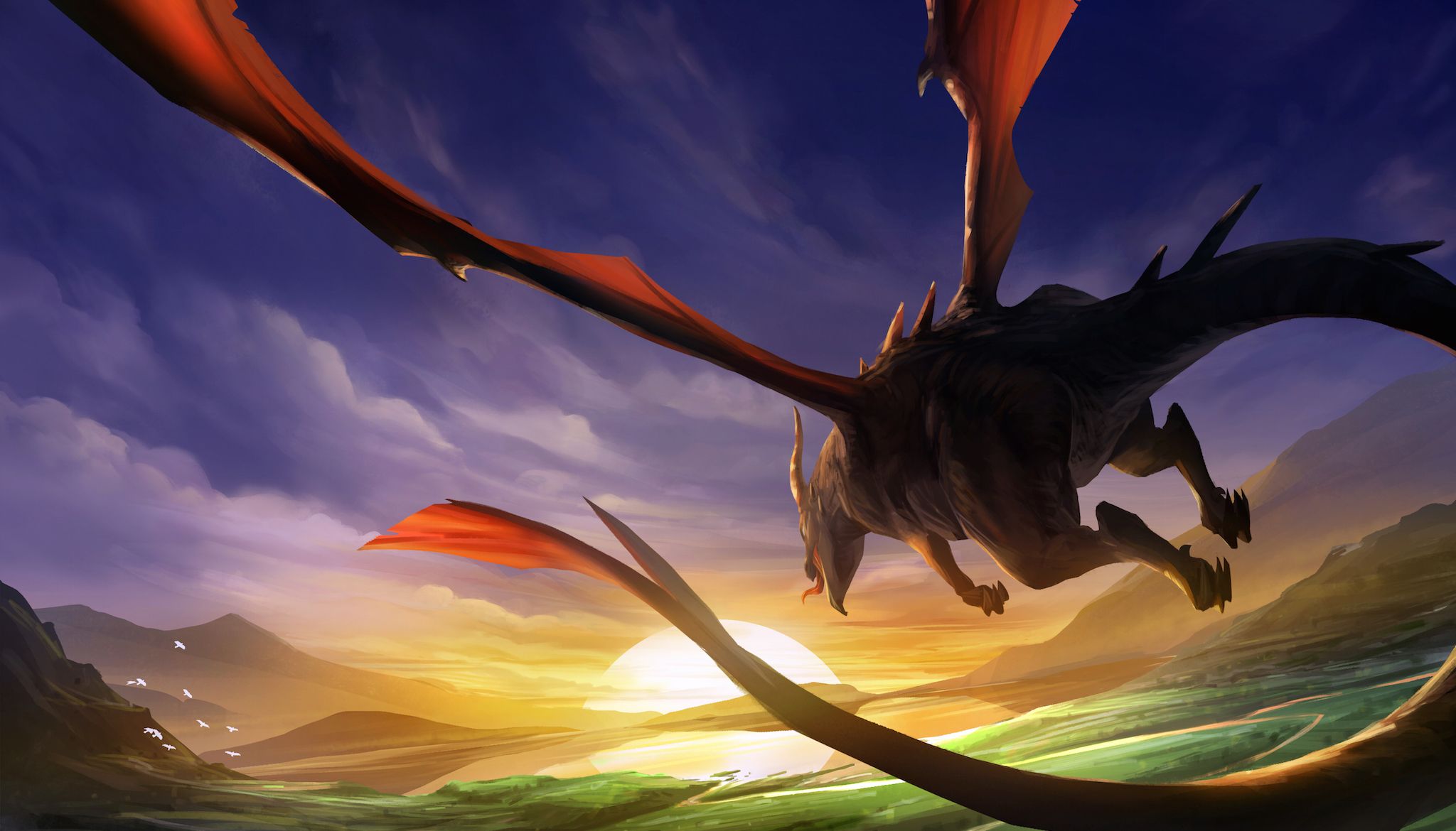 A dragon soaring over a sunlit valley — key art for Storm of Wars